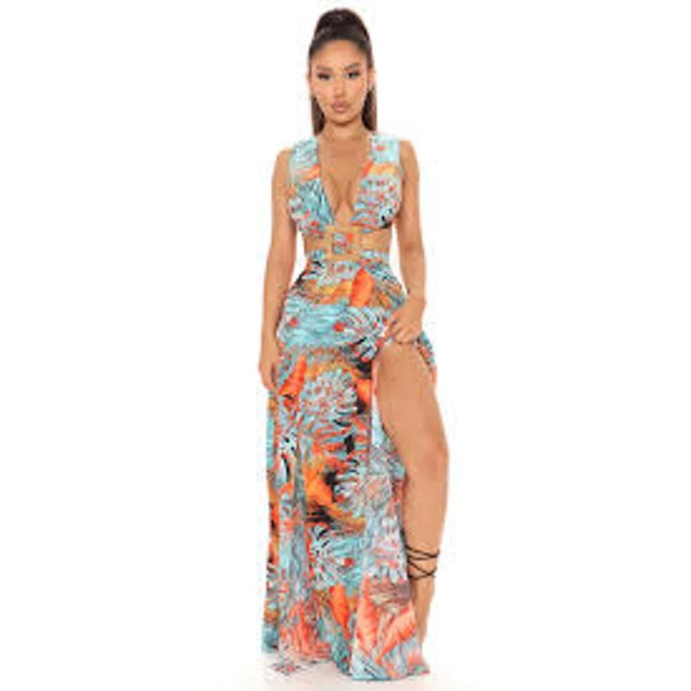 Fashion Nova Brunch in The Tropics Vibrant Tropical Cut-outs Maxi Dress Size M